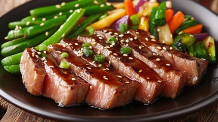 Seared Steak with Teriyaki Glaze and Mixed Vegetables.