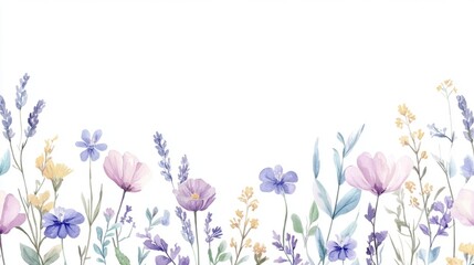 Wildflowers floral watercolor seamless border on white background. Wild fields herbs flower bouquet frame pattern. Illustration, wedding stationery, wallpapers, fashion, textile, prints, baby shower