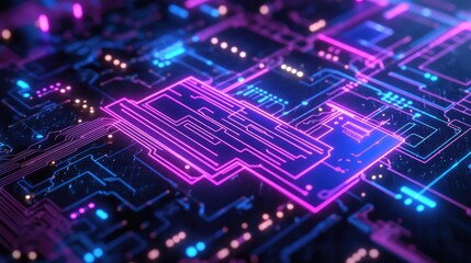 Obraz premium Neon Circuit Board Closeup - Glowing Lines and Connections, Futuristic Technology Background