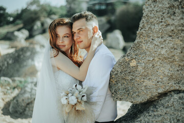 Love story save the date young happy couple in the park outdoors walking