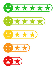 Feedback star rating emoji icon set different color. Set of rating emoji with stars. Feedback rating emotion sign symbol. Star rating for a product review. Isolated vector illustration. Flat design.