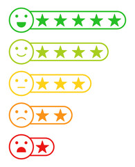 Set of rating emoji with stars isolated. Feedback rating emotion sign symbol. Star rating for a product review. Vector illustration. Flat design. Outline style.