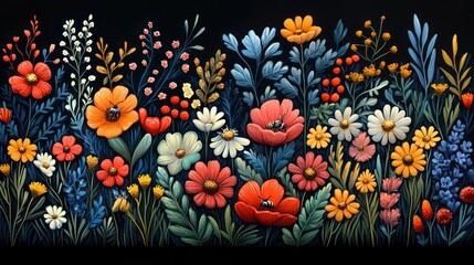 Fototapeta premium Colorful Flower Arrangement with Bees and Foliage on a Dark Background
