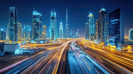 Obraz premium Night View of Modern City Skyline with Skyscrapers