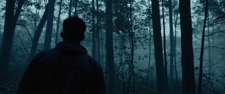 Young black man silhouette lost in the horror forest Cinematic horror movie style concept Foggy dark paranormal background Halloween themed Back light glowing ghostly mood.