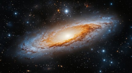 Fototapeta premium Galactic spiral galaxy captured in a vast cosmic landscape with bright star clusters and nebulae