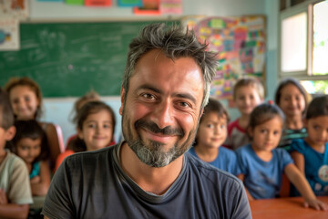 Fototapeta premium Photography of Portugal school classroom scene with children in background and the teacher on front. 