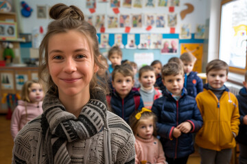 Fototapeta premium Photography of Poland school classroom scene with children in background and the teacher on front. 