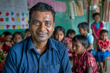 Obraz premium Photography of Bangladesh school classroom scene with children in background and the teacher on front. 