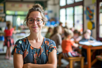 Obraz premium Photography of Belgium school classroom scene with children in background and the teacher on front. 