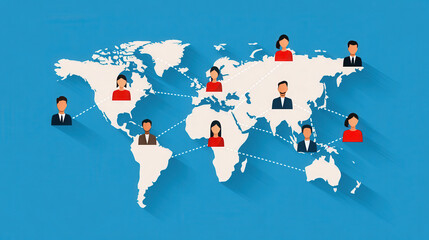 Global connections illustrated through diverse figures from various countries linked on a flat design map of the world