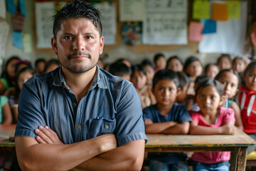 Photography of Colombia school classroom scene with children in background and the teacher on front.	
