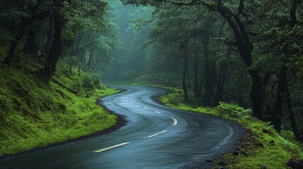 Obraz premium Winding road through lush green forest in the early morning sunlight