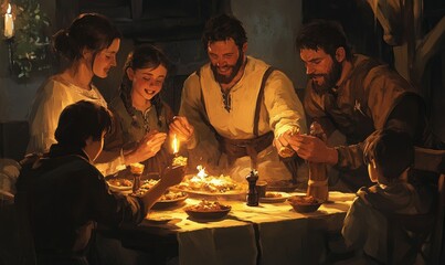 Family sharing a meal in candlelight.