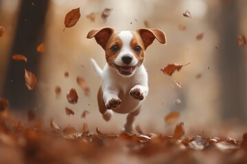 Playful Jack Russell Terrier Puppy Romping in Autumn Foliage