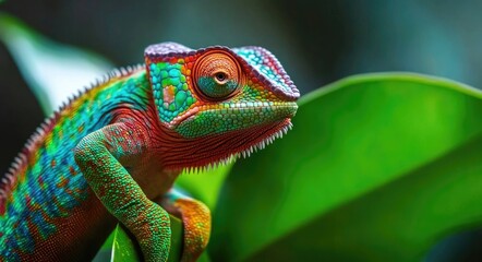 Fototapeta premium Vibrant Chameleon in Natural Habitat - Closeup View of Exotic Reptile on Green Background