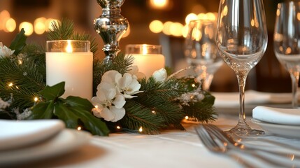 Elegant christmas table setting with candlelight and decor