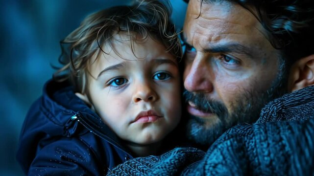 A young boy looks intently at the camera while being held by his father