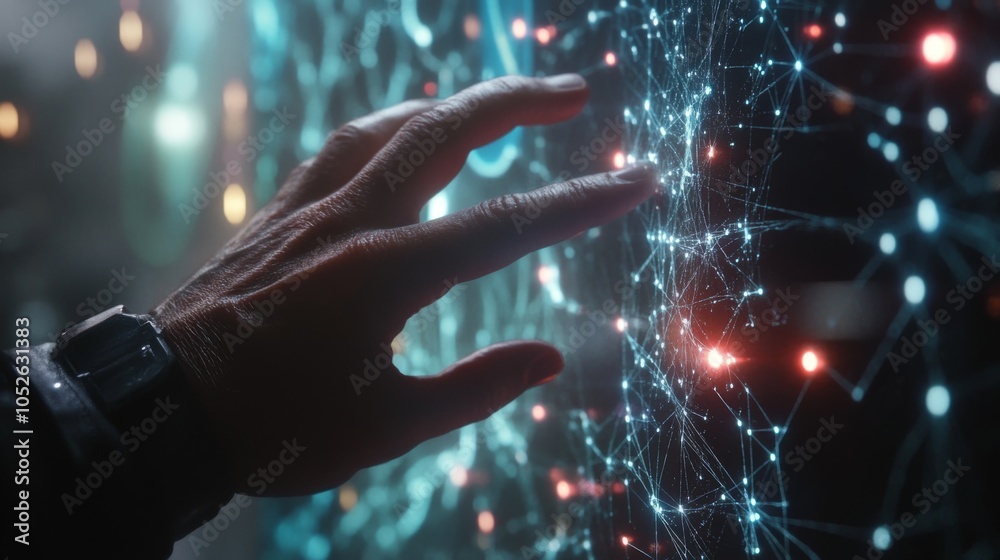 Poster Futuristic Touch Interacting with Digital Network