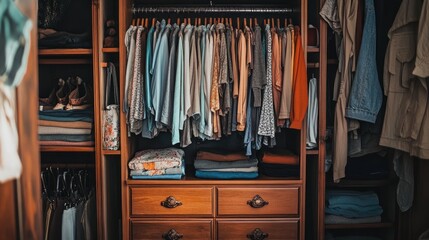 A well-organized closet with clothes hanging on a rack and folded on shelves.