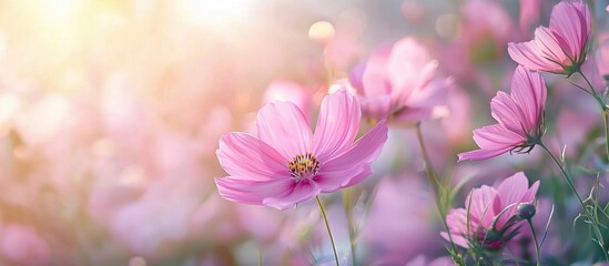 Pink Cosmos Flowers Filed Are Blooming Beautifully In The Morning Light
