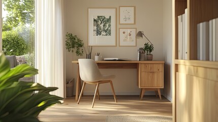 Fototapeta premium Modern home office with minimalist design, featuring a wooden desk, chair, potted plants, and a cozy adjoining room