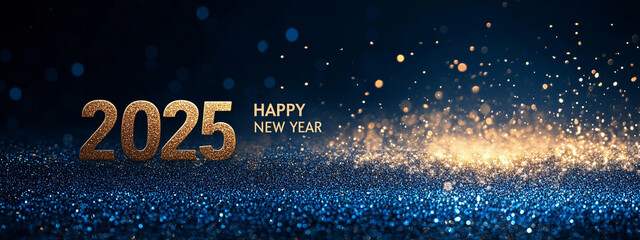 Celebrating the arrival of 2025 with a sparkling blue background and golden lettering wishing a happy new year. Happy New Year 2025 banner 
