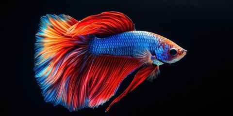 Fototapeta premium Exotic Siamese Betta Fish With Vibrant Rainbow Colors Swirling in Motion Against Black Background. Stunning Underwater Art