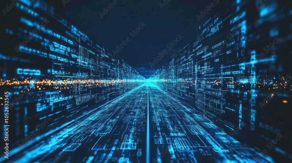 Poster digital data stream in futuristic cityscape
