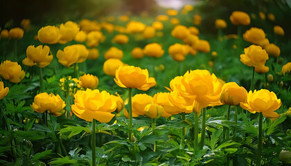Obraz premium asian globeflowers bloom naturally yellow flowers calm spring day