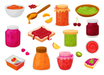 Breakfast with marmalade. Fruit jam glass jars, sandwich with marmalades. Cartoon sweet dessert in bowl and on bread, neoteric food vector set