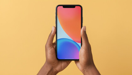 Hands holding a modern smartphone mockup displaying vibrant abstract wallpaper against a yellow background