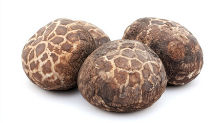 Fototapeta premium Dried shiitake mushrooms isolated on a white background, showcasing their textured appearance.