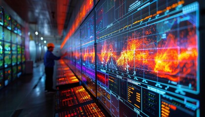 Obraz premium Renewable Energy Grid Simulation, 3D energy grid model displaying solar, wind, and geothermal energy sources.