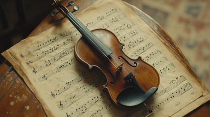 Naklejka premium An antique violin and bow placed on a table alongside yellowed sheet music, capturing a close-up view of this classic musical arrangement. 