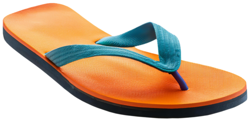 One blue-orange flip-flop close-up, cut out, isolated transparent background, png photo. Footwear for beach
