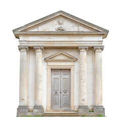 Naklejka premium Elegant neoclassical building facade with columns and a wooden door, showcasing timeless architectural beauty and design.