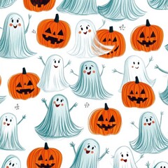 Adorable halloween pattern with ghosts and pumpkins