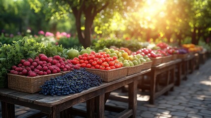 Fresh Produce Displayed on Wooden Tables in a Sunny Garden Setting