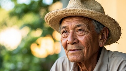 Fototapeta premium Elderly man in a straw hat gazes thoughtfully outdoors during a warm afternoon.