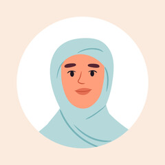 Beautiful arabic girl avatar. Muslim covered woman portrait, female character wearing hijab, stunning woman face flat vector illustration. Young lady avatar