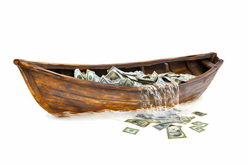Fototapeta premium Debt Isolated on White: Debt Concept, Sinking Boat Filled with Money Representing Debt and Financial Loss, Debt Help, Corporate Debt, Debt Stress. 