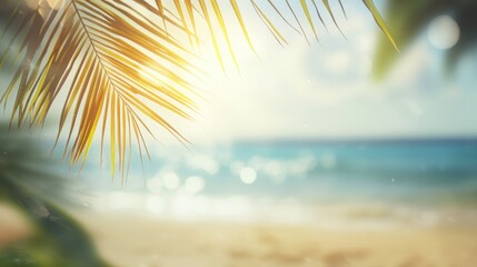 Abstract blurred background featuring a tropical beach scene with sunlight rays Golden sand clear water and palm leaves under a bright sky create a summer vacation vibe Copy space available
