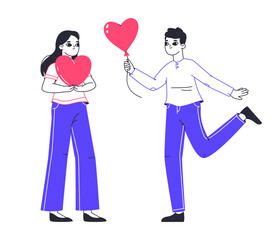 Cheerful people sharing hearts. Valentine's day love sharing, romantic characters giving hearts to each other flat vector illustration. Couple in love exchanging hearts