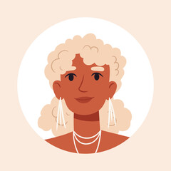 Cute blond woman face. Stunning woman portrait, beautiful girl avatar, smiling female character flat vector illustration. Young lady portrait