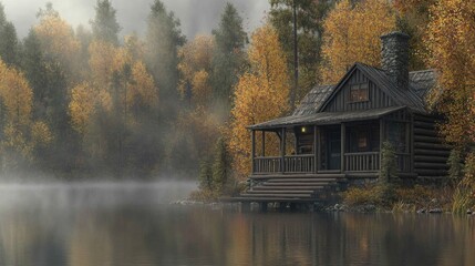 Obraz premium Cozy Cabin on a Misty Lake in the Fall