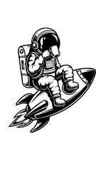 A vector-based, clean, flat, black, and white illustration of a Astronaut Drink Coffee On Rocket logo Generative aI