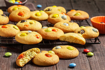 Traditional homemade cookies with chocolate candies in glaze. Shortbread.