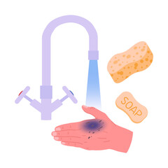 Injured hand and medical treatment. First aid for bruises and extravasation, medical treatment for arm injury flat vector illustration. Cartoon injured human hand under cold water