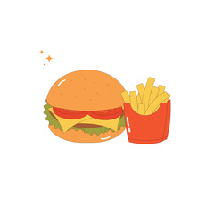 Colorful vector illustration of a delicious burger with cheese, lettuce, and tomato, along with a serving of French fries. Perfect for menus, fast food ads, and restaurant designs.